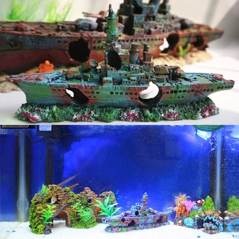 Harpiks Beskadiget Navy War Båd Skibsvrag Fisk Tank Ornament Cave Akvarium Dekoration Landskab