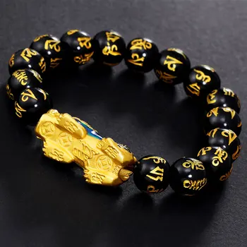 Feng Shui Grøn/Sort Obsidian Legering Rigdom Golden Pixiu Armbånd Heldig Smykker EIG88