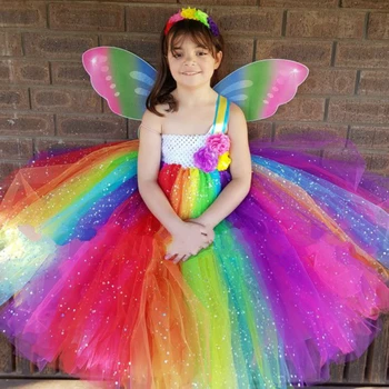 Rainbow Piger Glitter Tutu Kjole Børn Sparkle Tyl Kjole Flower Bolden Kjole med Sommerfugl Fløj Børn Kostume Party Kjoler