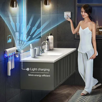 Solenergi UV tandbørsteholder Dobbelt Lag Sterilisator Automatisk Tandpasta Dispenser vægmonteret Badeværelse Tilbehør
