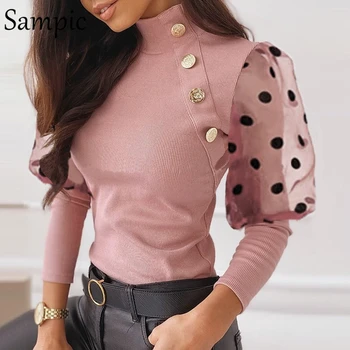 Sampic casual pink-knappen mode pullovere sweater toppe kvinder mesh patchwork rullekrave puff dot lange ærmer strikket sweater