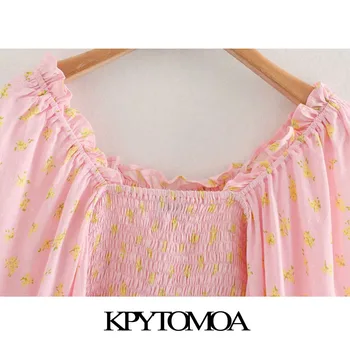KPYTOMOA Kvinder 2020 Sød Mode Blomster Print Pjusket Beskåret Bluser Vintage Lange Ærme Elastisk Kvindelige Skjorter Smarte Toppe