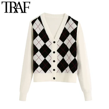 TRAF Kvinder Cardigan Vintage Stilfulde Geometrisk Mønster Kort Strikket Sweater Mode langærmet England Style Overtøj Chaqueta