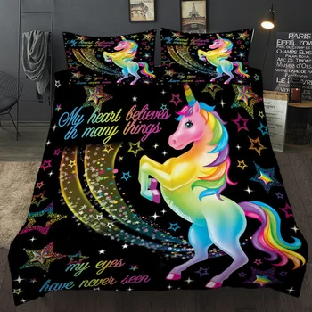 Sort Enhjørning sengetøj sæt, Eventyr Funklende Stjerner Strøelse Sæt børnenes favorit dynebetræk polyester hest sengetøj
