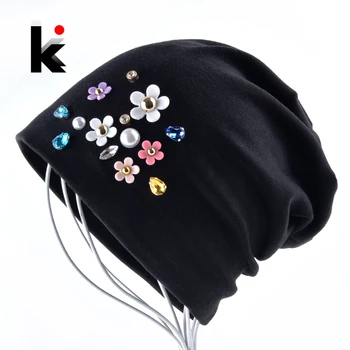 Nye Huer Kvinder Foråret Efteråret Solid Farve Skullies Hat Til Damer Rhinestone Perle Blomst Cap Kvindelige Mode Bonnet Gorra