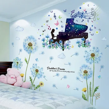 [SHIJUEHEZI] Tegneserie Pige Klaver Wall Stickers DIY Mælkebøtte Blomster vægoverføringsbilleder for Kids Soveværelse Stue, boligindretning
