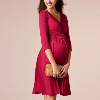 Amning Kjoler Barsel Tøj til Gravide Kvinder Tøj Solid V-hals Graviditet Kjoler Mor Bære Aften Kjole