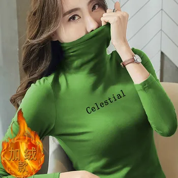 Vinteren kvinders høj krave bunden shirt kvinders plus velvet koreanske version af solid farve slank tøj med lange ærmer T-shirt