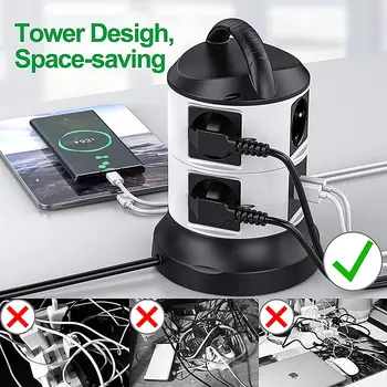 Bærbare Lodret Tower Power Strip overbelastningsbeskyttelse 6 Måder EU-Stikdåse 4 USB-Porte Udvidelse Stik EU Stik 2500W
