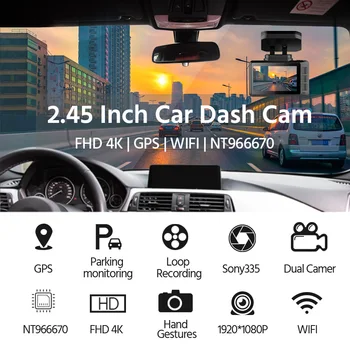 E-ACE B44 4K Dash Kamera 2.45 Tommer Mini Bil Dvr 2160P FHD Dashcam Night Vision Video-Optager Dobbelt linse wifi Registrator med GPS