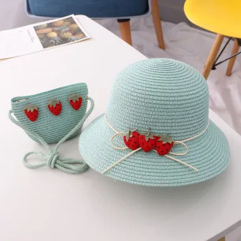 2stk Strawberry Summer stråhatte Med Håndtaske for piger Stranden i Panama Hatte solskærm Hat gorras