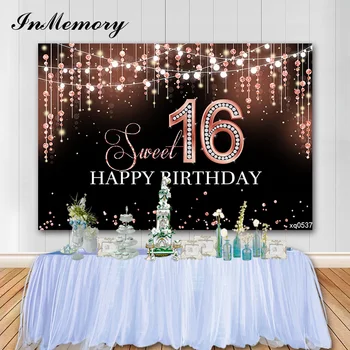 InMemory 16 års Fødselsdag Part Fotografisk Baggrund Diamant Glitter Girl fødselsdagsfest Foto Baggrunde Tilpasset Vinyl Banner