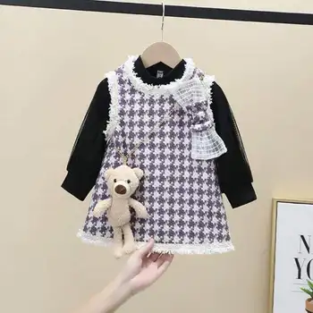 Baby Girl Fashion Tøj Sæt trøjer+plaid bue kjole+sød bjørn,Børn, Småbørn Foråret Efteråret Elegante Jakkesæt Børn Tøj