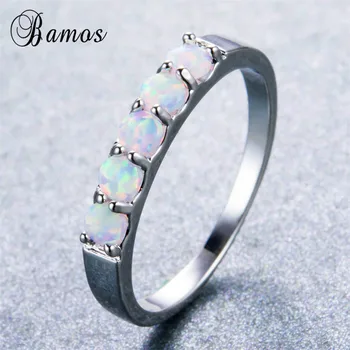 Bamos Mode Sølvfarvet Ring Hvid Ild Opal Ringe Løfte Bryllup Engagement For Kvinder Minimalistisk Smykker