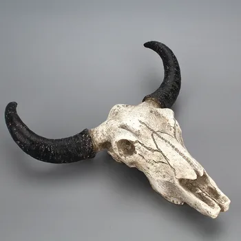 Harpiks Longhorn Ko Skull Hoved Væggen Hængende dekoration 3D Dyrelivet Skulptur Figurer Håndværk Horn til Hjemmet Indretning