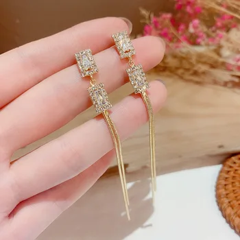 Temperament Lange Øreringe Koreanske Stilarter 2020 Nye Smykker Micro Bane Zircon Part Bijoux Femme Gaver Engros