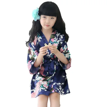 Børn Piger Blomstret Silke Satin Japansk Kimono Klæder Badeværelse Brusebad Pige Nattøj Om Sommeren Teenage Sovende Tøj, 12 År