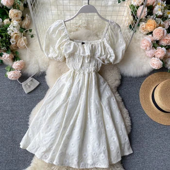 2020 sommeren Nye kvinder ' s square krave blomst lace-up flæser bomuld med linned fe Kjole kvindelige elegante talje A-line kjoler