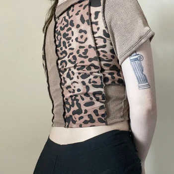 Retro Mode Omvendt Tråd Leopard Printet Patchwork Afgrøde Top Tee Kvinder Sexet Æstetiske Kortærmet Sommer T-Shirts Iamhotty