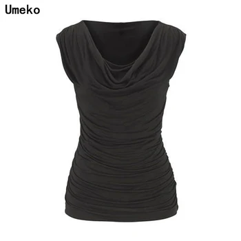 Umeko Fashion Kvinder Sommer uden Ærmer med V-hals Plisserede Ren Farve Afslappet Slank Toppe Kvinder Tøj Afgrøde Top Kvinder T-Shirt Plus Størrelse