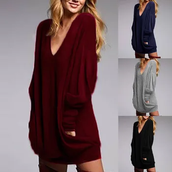 Fashion Kvinder Casual Kjoler Solid langærmet V-hals, Lange Toppe Bluse Mini Kjole Kvinders Plus Size Daglige Casual Løs Adyce#P2