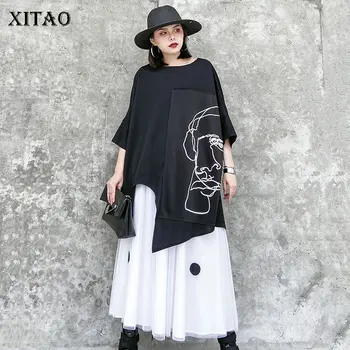 XITAO Geometrisk Mønster Print T-Shirt Mode Nye Plisserede 2020 Foråret Uregelmæssige Tynd Gudinde Fan Mindretal Casual t-stykkerne XJ4823