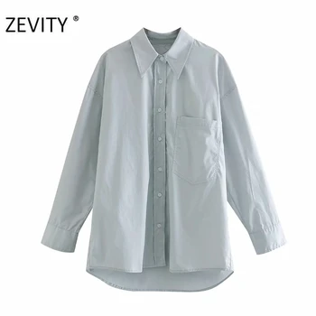 ZEVITY Nye kvinder mode simpelthen solid farve casual poplin skjorte bluse kvinder langt ærme lomme business roupas smarte toppe LS7208