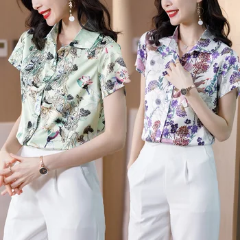 Koreanere Silke Kvinder Bluser Skjorter Sommeren Kvinde Satin Print Blouse Top Dame Shirts Print-Toppe Plus Size Blusas Femininas Elegante