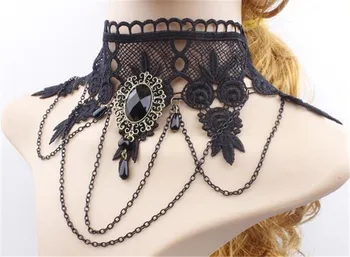 Gothic Victorian Dronning Black Lace Choker Halskæde Sexet Hule Black Metal Cameo Juvel Steampunk Cosplay Punk Kjoler Tilbehør