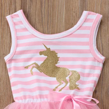 Ny Mode Unicorn Baby Piger Prinsesse Kjole Stribet T-Shirt Uden Ærmer Party Bryllup Tutu Tyl Kjoler