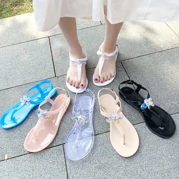 Sommeren Multi-farve Rhinestone Kvinder Jelly Sandal Fashion Afslappet Damer Crystal Flade Sko Engros Åndbar Sapatos De Mujer