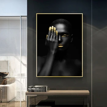 Sort og Guld Nøgen Afrikansk Kvinde med Halskæde Lærred Maleri Plakater og Print Skandinaviske Væg Kunst Billede til stuen