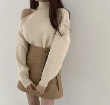 SMTHMA koreanske smarte temperament og Elegant Design, fortykkelse Sweater Sexet hule åben skulder Rullekrave pullover løs sweater