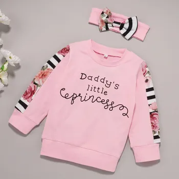 40# Kids Baby Piger Tøj langærmet Brev Print Top T-shirts + Blomster Print Stribe Syning af Bukser+Tre-stykke Hovedbøjle