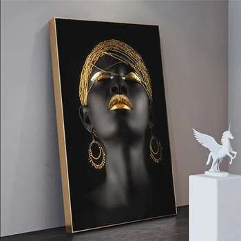 Afrikanske Sort Kvinde med Gyldne Detaljer Lærred Kunst Plakater Og Prints i Sort Piger Lærred Malerier På Væggen Art Billeder