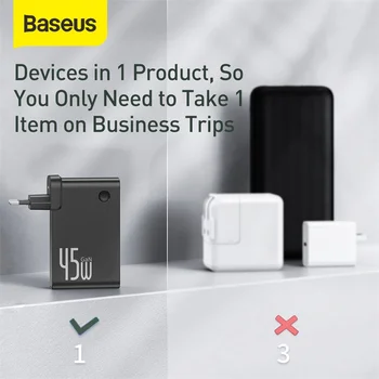 Baseus 2 i 1 GaN Power Bank 10000mAh 45W 5A Hurtig Opladning EU-USB-Oplader Til iPhone, Samsung, Huawei, Hurtig Opladning Til Notebook
