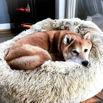Dropship Faux Fur Ortopædiske Hund Senge Donut Kat Pet Bed for Dropship Cama Perro Hunde - Selvstændig Opvarmning Indendørs Runde Pude Cuddler