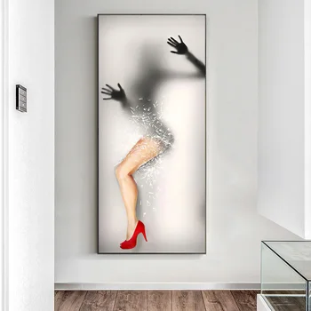 Sexet Pige Bag Glas Med Rød Paraply Fashion Kvinder Lærred Maleri Kunst På Væggen, Plakater Og Prints Moderne Hjem Decor Billeder