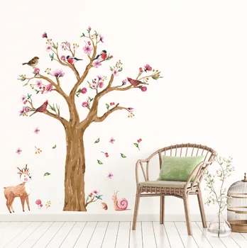 Tegnefilm Dyr Tree wallsticker til børneværelset Hånd Malet Fugle, Hjorte mamalook Dejlige Blomst vægoverføringsbillede mamalook
