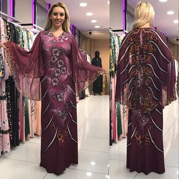 Chiffon trykt slank maxi kjole flare ærmet afrikansk kjortel dashiki ramadan kaftan kjoler mode abaya VKDR2051