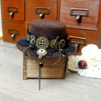 Håndlavet Steampunk Gear & Kæde Mini Top Hat Retro Brun Fedoras Hat Punk Lolita Cosplay Hat for Piger Gothic