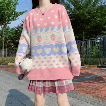 Japansk Kawaii At Strikke En Sweater Kvinder Nye Efterår Og Vinter Vintage Pink Strik Top Søde Jordbær Udskrivning Lange Ærmer Pullover