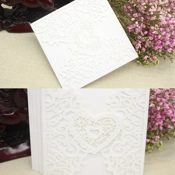 Papir Folwer Vertikal Laser Cut Bryllup Fødselsdag Invitationer Kort Kits Hule Hjerte Form Hvide 10 Stk 14.7x14.7cm