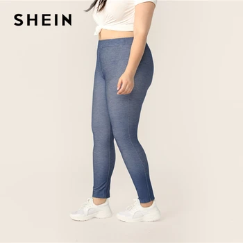 SHEIN Plus Size Blå Høj Talje Lange Soild Leggings 2019 Kvinder Forår Sommer Casual Mode Tynde Elastiske Sporty Leggings