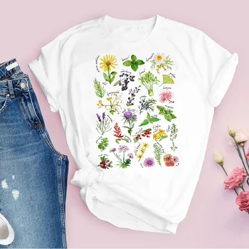 Kvinder Grafisk Tegnefilm Blomst Plante Korte Ærmer 90'erne Mode Trykt Toppe Dame t-Shirts Tøj Kvindelige T-Shirt Dame T-Shirt