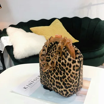 Mode Træ-Klip Kvinder Messenger Skuldertaske Leopard Udskrivning Akryl Kæde Rejse Strand Taske Luksus Taske Indkøbspose