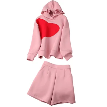 Ny 2020-efterår og vinter kvinder casual shorts to delt sæt flæser hættetrøjer sweatshirt diamanter perlebesat hjerte sort pink