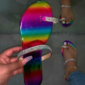 2020 Tå Ring Summer Rainbow Udskrive Dias Flad Bund, Non-slip Flip Flop Kvinder Sandaler Udendørs Vilde Rhinestone Strand Tøfler