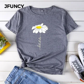 JFUNCY Blomst Trykt Kvinder T-shirt i Oversize Bomuld kortærmet Kvinde Toppe Tee Summer Harajuku Kvindelige Skjorter, Casual t-shirt