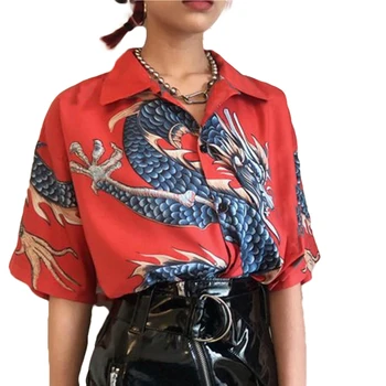 Neutral etnisk Kinesisk stil 2020 Dame Dragon Print Skjorte Sommeren Afslappet T-shirt dametøj Loos Toppe Plus Size Tunika